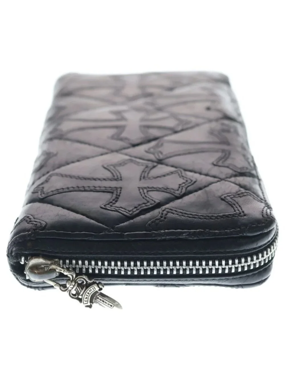 Chrome Hearts Rec Zip Quilted Wallet Cemetery Cross Leather Black